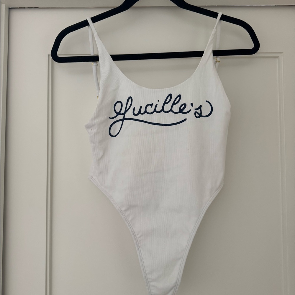 Lucille's White Script Logo One-Piece Swimsuit